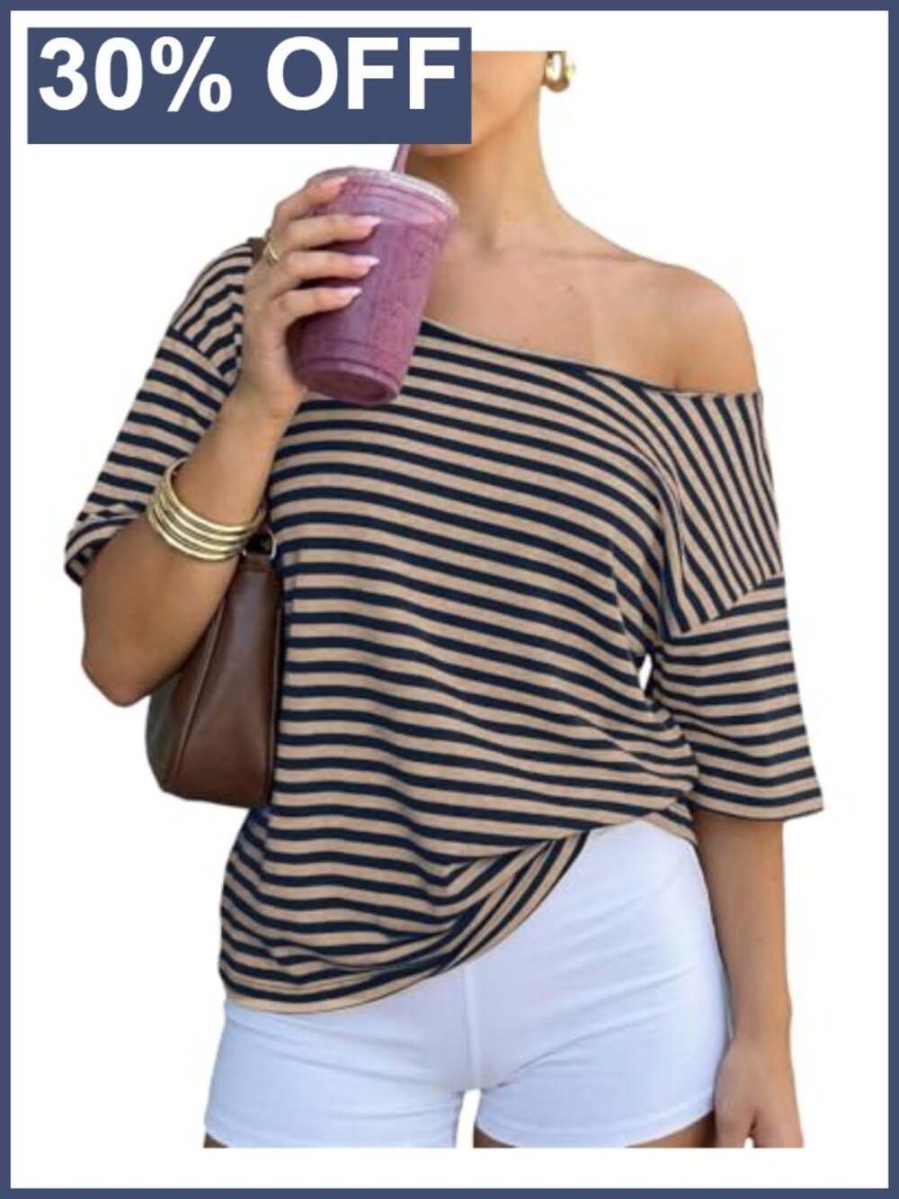 Women's Oversized Off Shoulder Striped T-Shirt Y2K Slouchy Summer Tee Preppy
